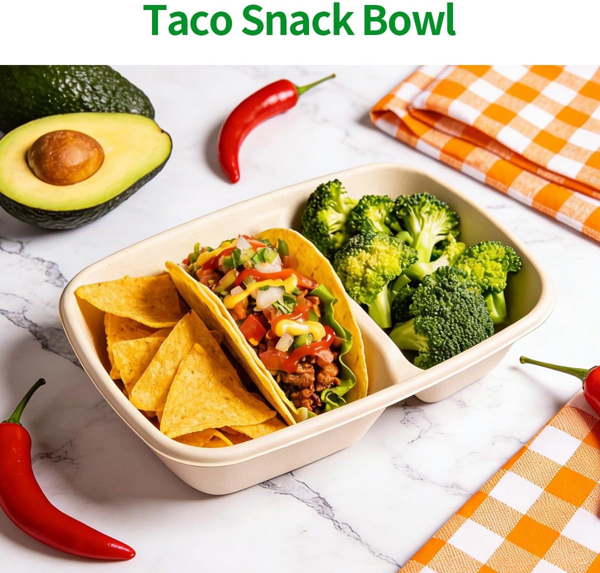 bloomoon 100 Pack 2-Compartment Paper Bowls, Divided Disposable Bowls for Chip and Dip, 2 Compartment Snack Serving Bowls for Chip and Salsa, Snack Bar Party Supplies