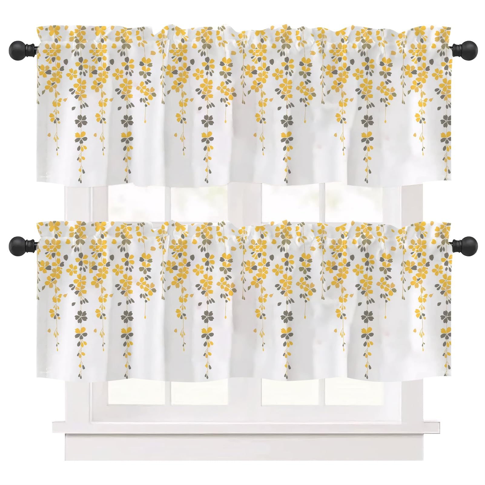 Ausing Short Kitchen Curtains Pack of 2 Flower and Leaf Prints Cafe Bistro Curtain Balcony, Yellow — image 1