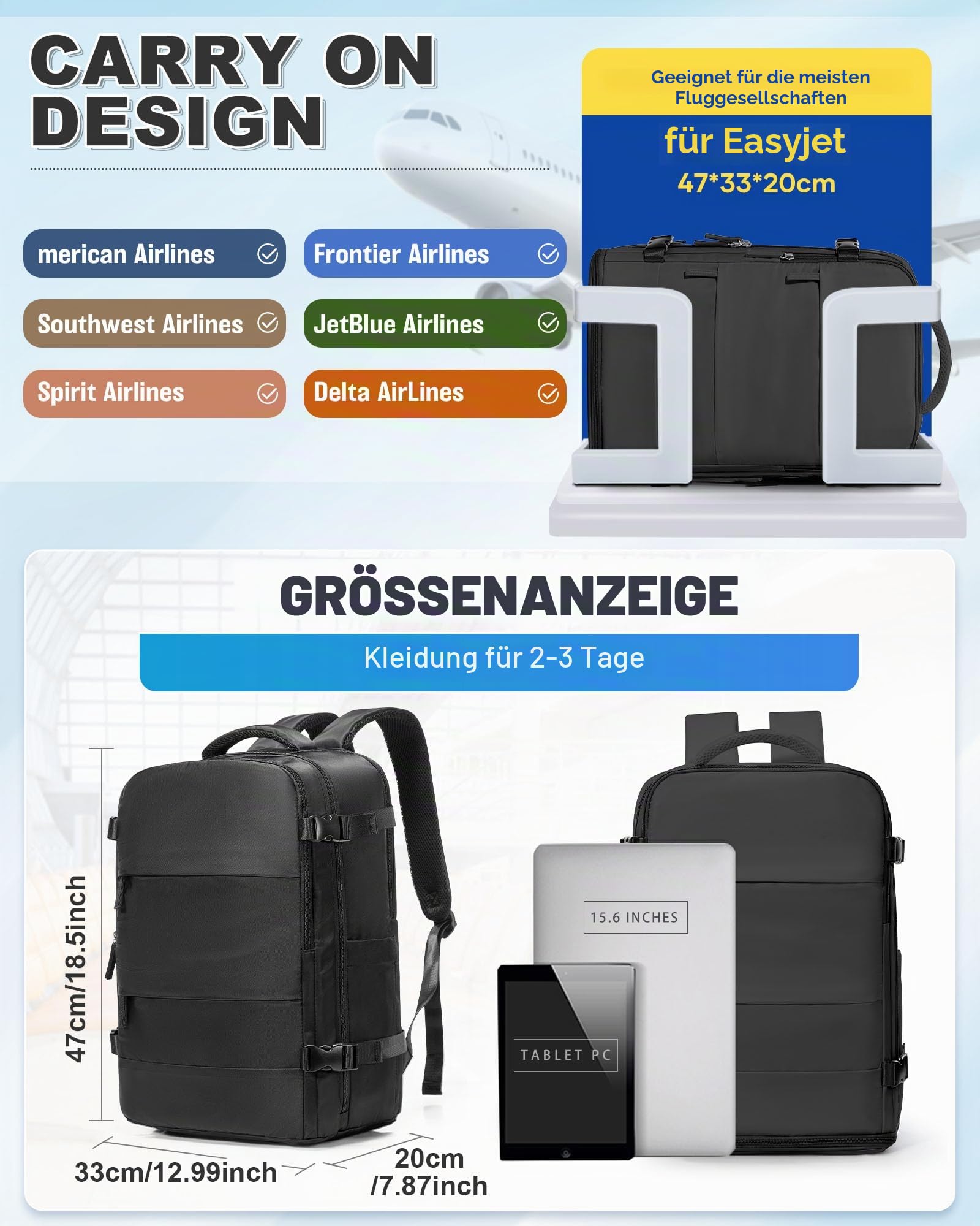 Vakuum Rucksack mit Pumpe Ryanair Handgepäck Wizzair Easyjet Großer Reiserucksack Flugzeug für Damen Herren, Wasserdichter Tagesrucksack Laptop Rucksack 14 Zoll, Schwarz