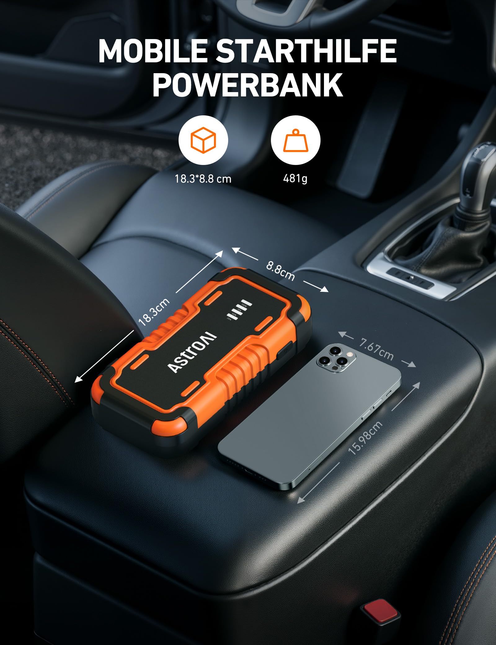 AstroAI Starthilfe Powerbank für PKW, 6000A tragbare Auto Starthilfe Powerbank mit USB QC 3.0 Ausgänge für 12V Autos (Benzin /12L Diesel), Motorräder Booster,Jump Starter inklusive LED Taschenlampe