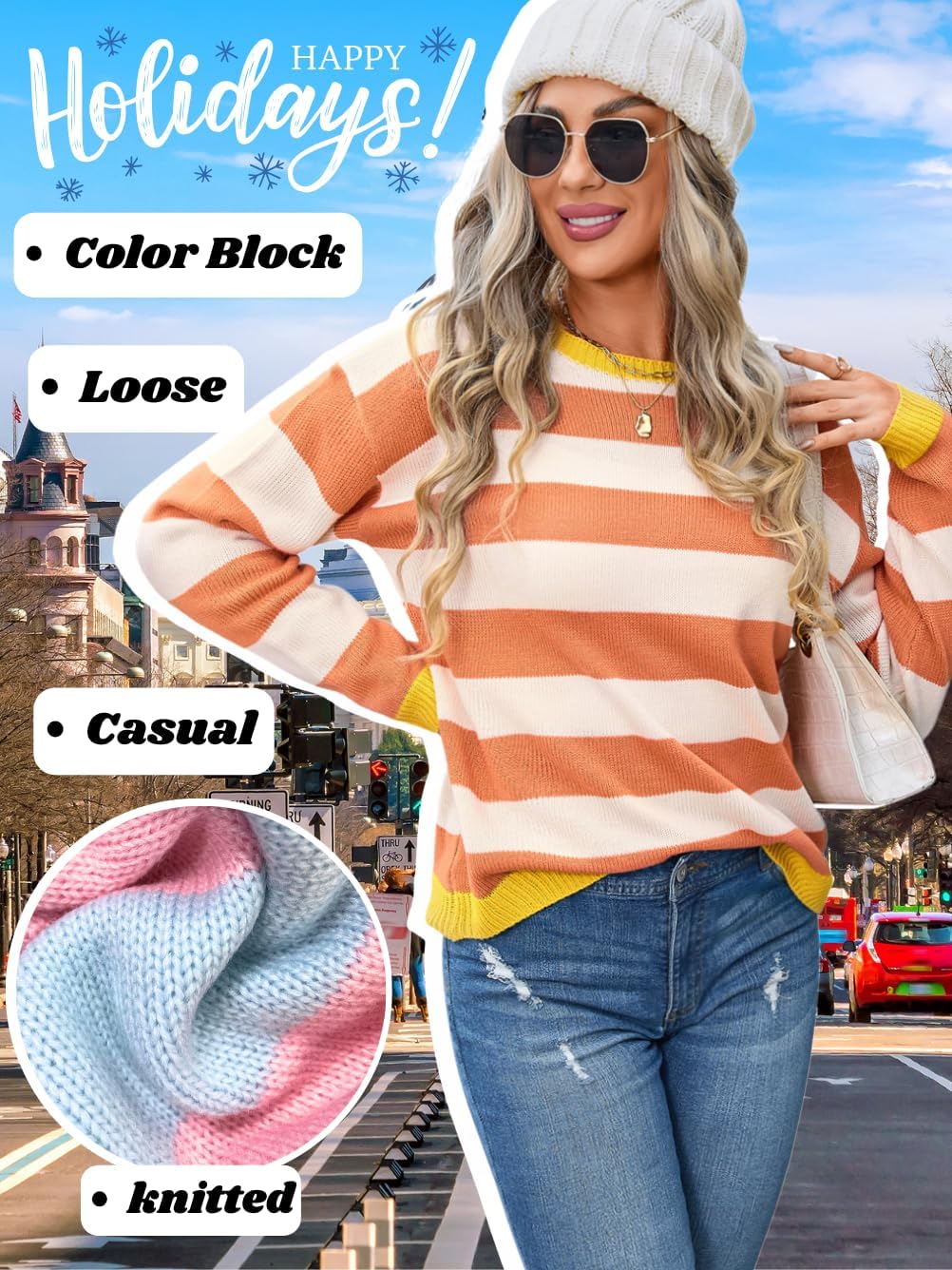 Colorful Striped Sweater,Cute Color Block Sweaters for Women,Fall Knit Tops Family Photo Costume - Image 3
