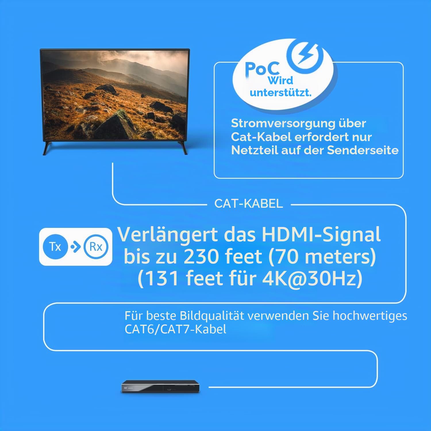 OREI 4K HDMI Over Ethernet CAT6/CAT7 Extender, Extender RJ45 4K @ 30Hz bis zu 130 Ft 1080P bis zu 230 FT Full HD POC Transmitter & Receiver IR Loop Out (EX-230C)