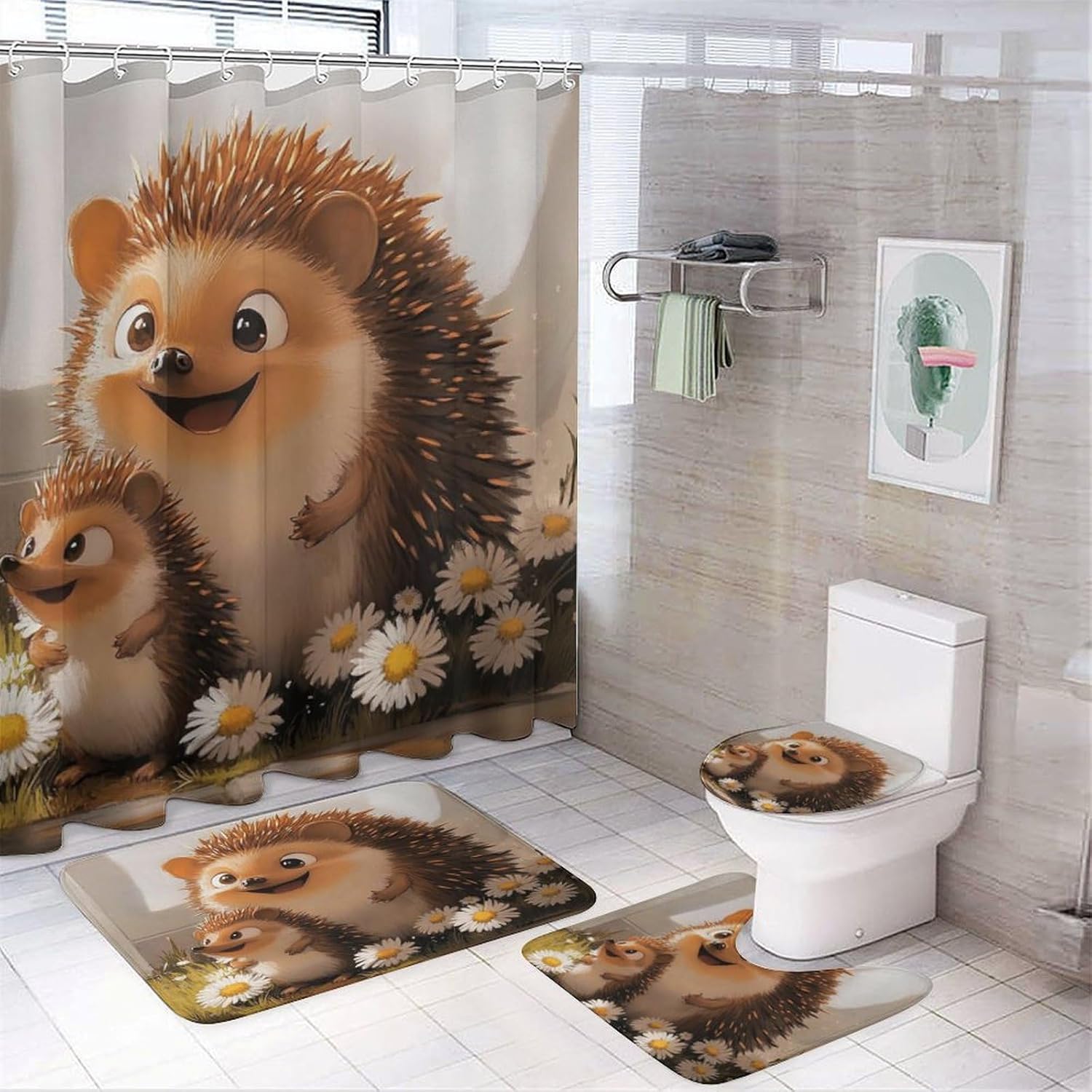 4pcs Rustic Hedgehog Flower Shower Curtain Set with Rugs, Toilet Lid Cover and Bath Mat, Animal Daisy Bathroom Curtains Decor Shower Curtains, 72" X 72"