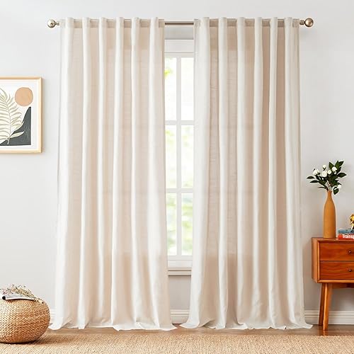 Miniatura 10 de Lazzzy Cortinas de lino semitransparentes para sala de estar, cortinas de lino con pestaña trasera, cortinas de lino con bolsillo para barra de