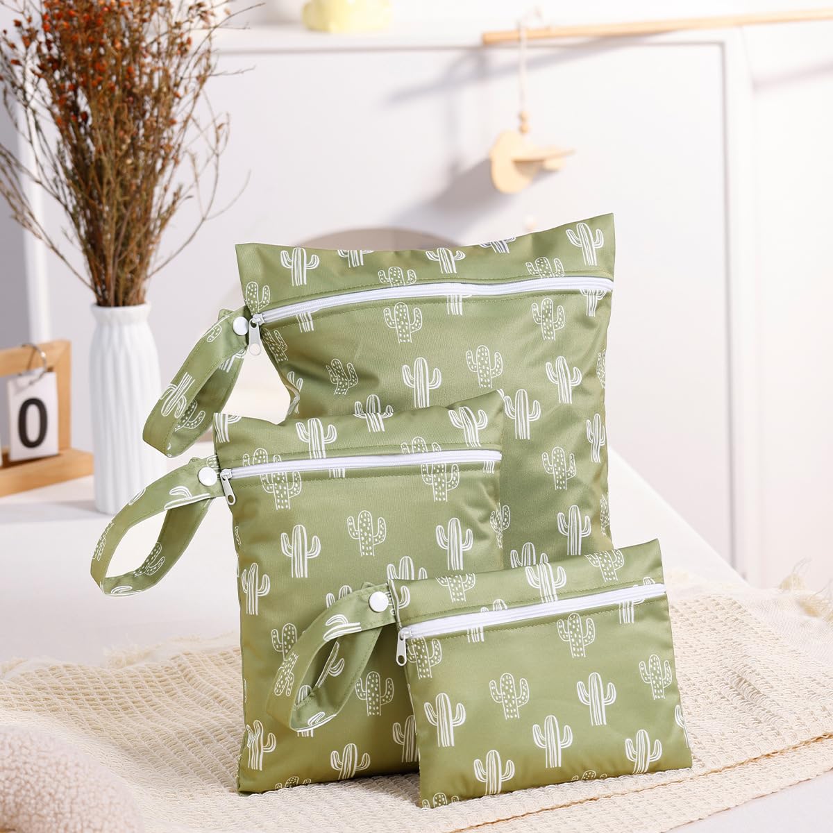 Treer 3 PCS Wet Bags Baby Cloth Nappy Wet Bag Waterproof Reusable Pastoral Style Print Diaper Bags with Zipper,Wet Dry Organizer Bag for Swimming, Baby Diaper, Travel Beach (Green Cactus)