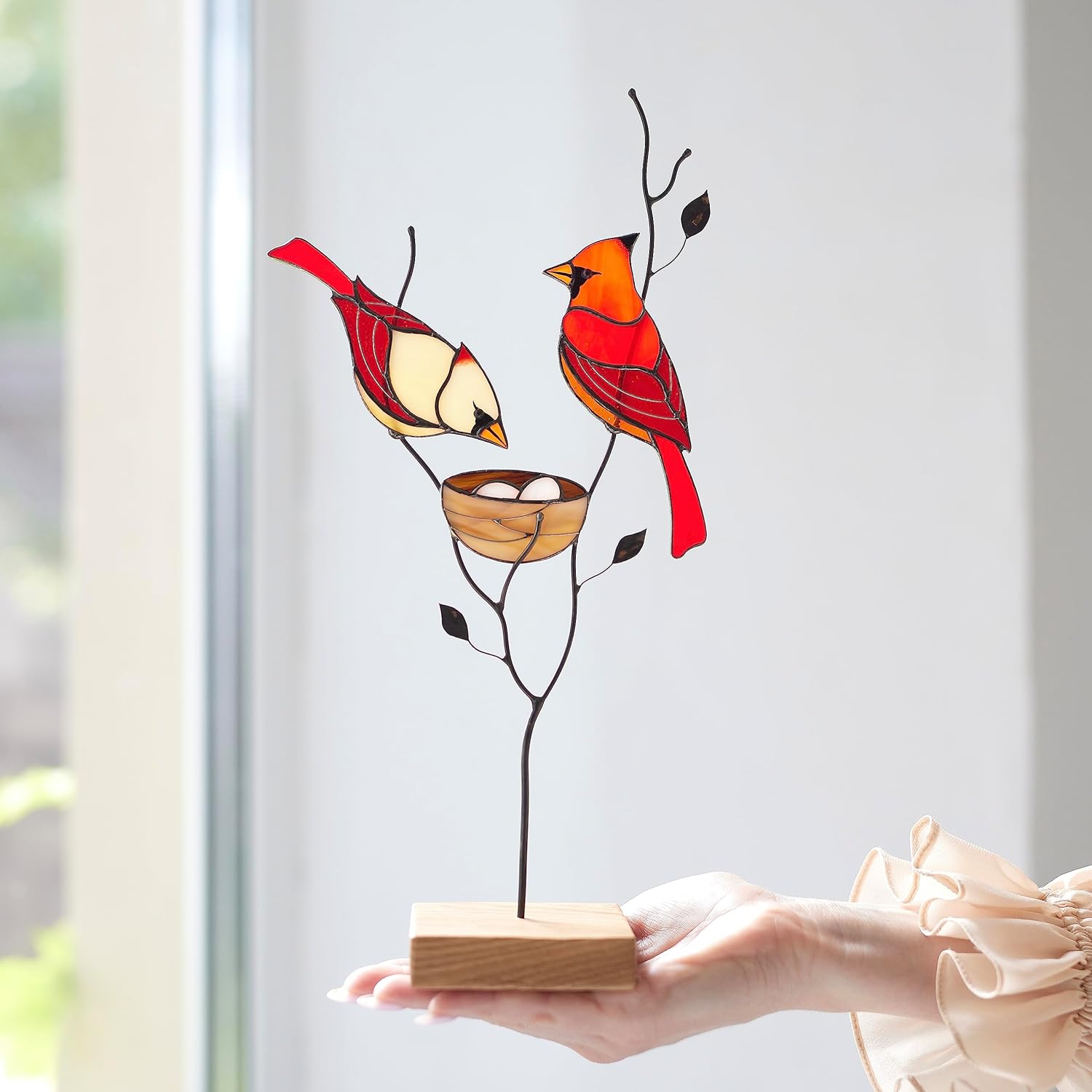 Stained Cardinals Couple with Nest on a Stand – Suncatcher with Stand – Colorful Decor for Home – Bright Adornment