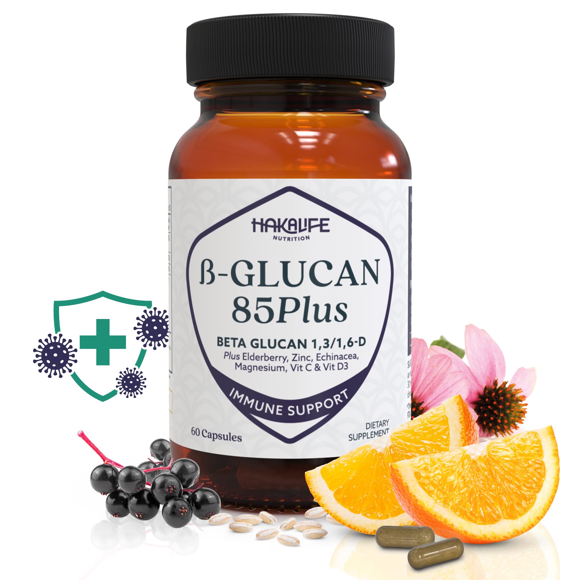 Beta-Glucans with Glucan85PLUS™ | Extra Strength Immune Support Supplement | Baker’s Yeast Glucan 1,3/1,6-D | Gluten Free | 6 Natural Ingredients | VIT C, Elderberry, D3, Echinacea, Zinc | 30 Day