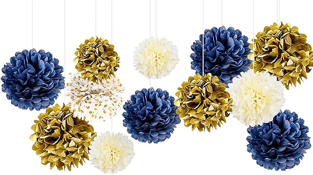 NICROLANDEE Navy Blue and Gold Party Decorations - 12 PCS Navy Blue Tissue Paper Pom Poms for Birthday, Wedding, Bridal/Baby Shower, Gender Reveal, Engagement, Anniversary Party Supplies