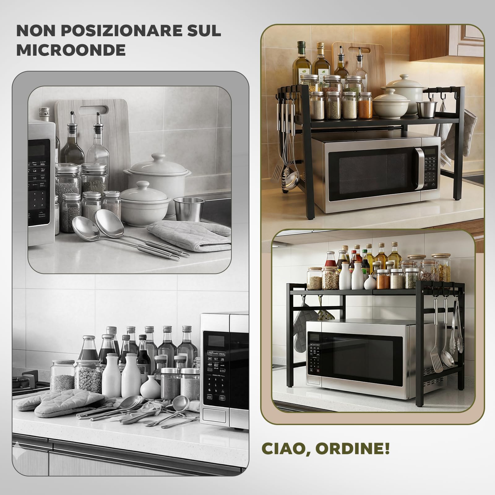 Supporto Regolabile per Microonde e Forno – Ripiani per Elettrodomestici da Cucina, con 8 Ganci per Spezie & Utensili, Antiruggine, Nero