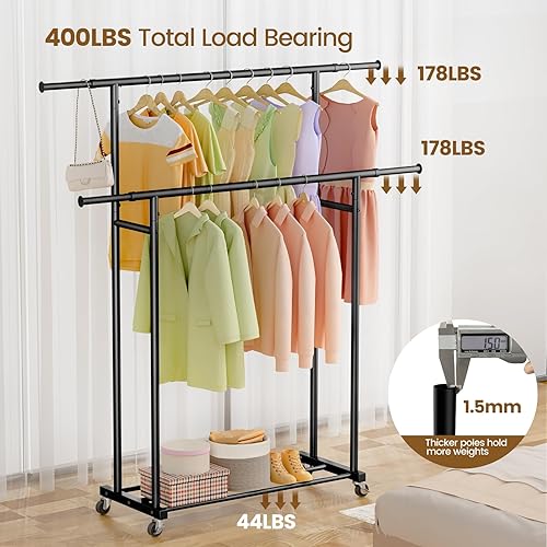 Miniatura 4 de Memobarco Perchero de ropa resistente de 400 libras con ruedas, perchero rodante para ropa, perchero de doble barra, perchero de metal comercial