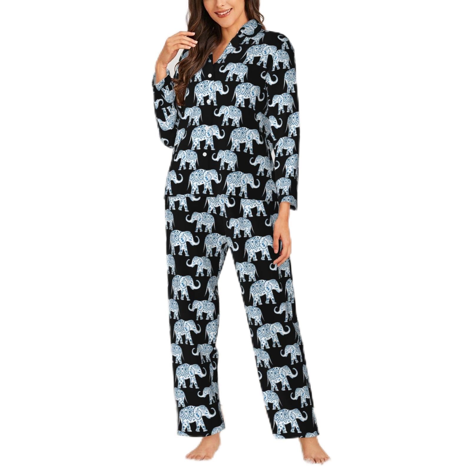 Yyoretp Women's Black Elephant Print Long Sleeve Pajamas Button Down 2 Piece Pjs With Pockets,Warm Sleepwear
