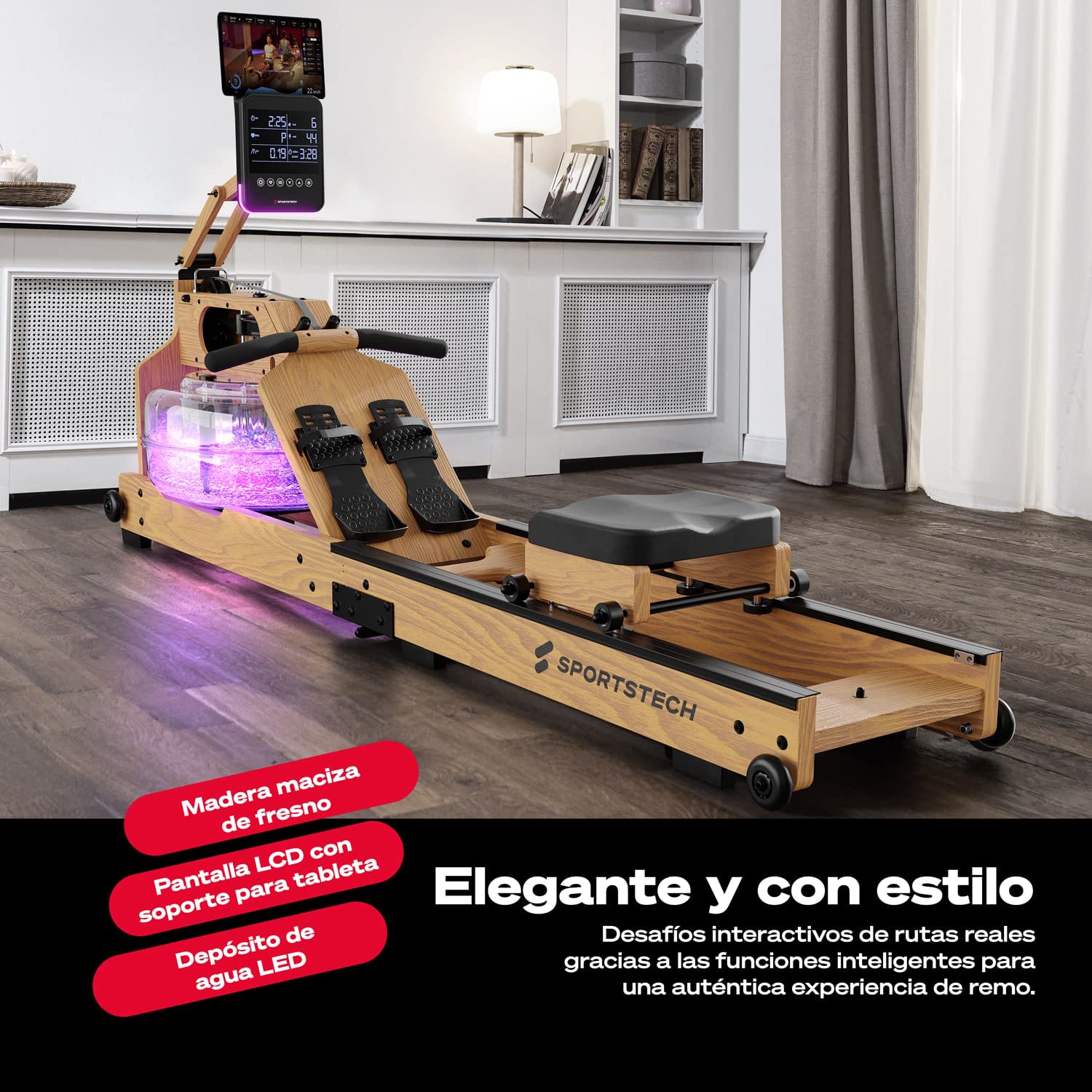 Sportstech - WRX1000 Agua Maquina de Remo, Premium Maquina de Remo para Casa, Plegable Maquina Remo con Tecnología Pulse Depósito de Agua LED de 7 Zonas y Pantalla LCD