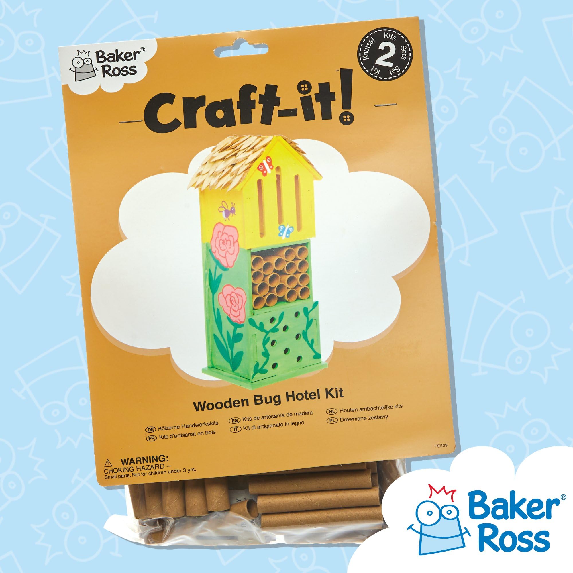 Baker Ross FE508 Kits Hotel de Madera para Insectos - Paquete de 2, actividades de artesanía en madera para pintar y decorar para niños, manualidades o proyectos de jardín