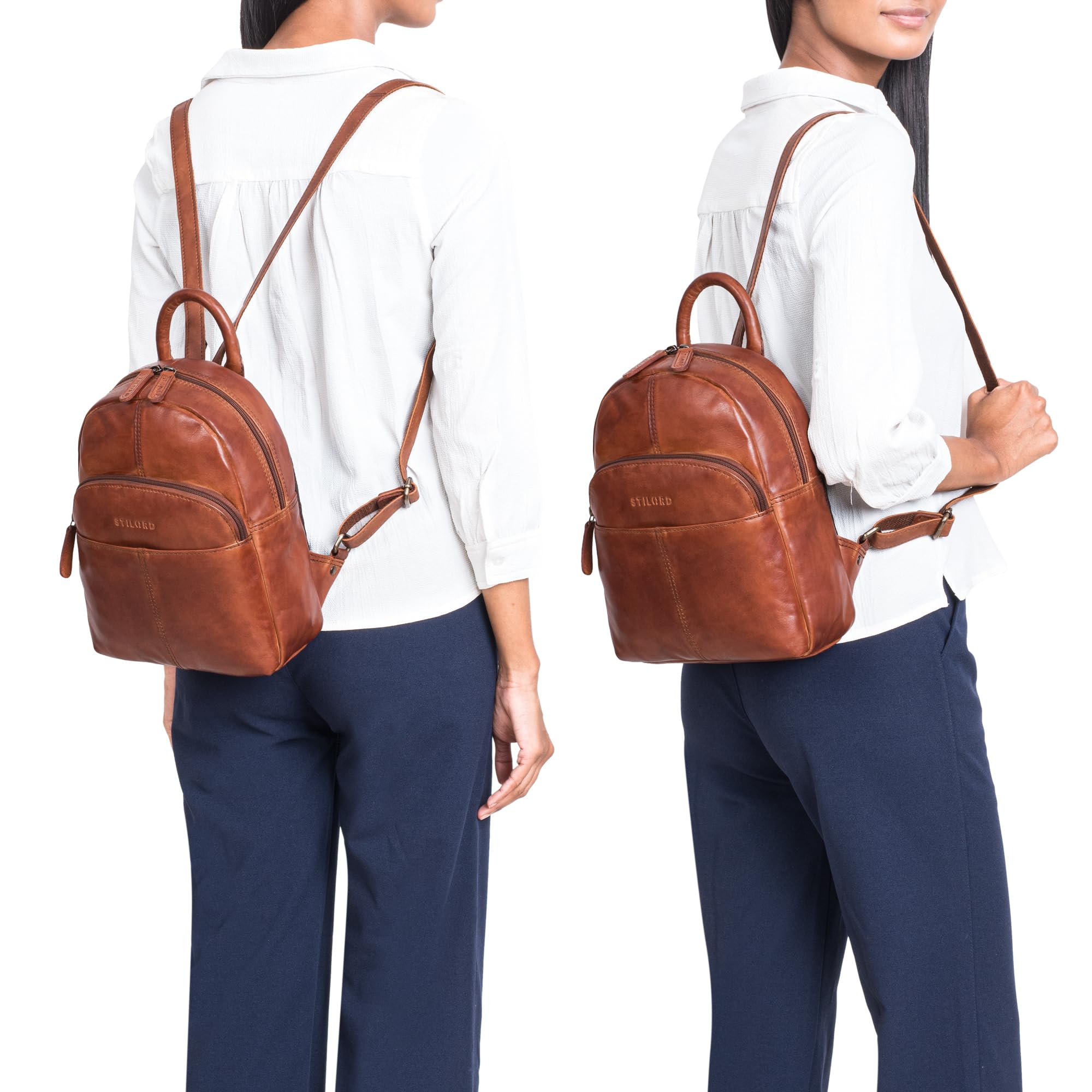 STILORD Elva Mochila Mujer Casual Pequeña de Piel Autentica - Ideale como Mochilas de Viaje Elegante - Bolsa Mochila Cuero Antirrobo con Muchos Compartimentos Color:Brandy - coñac