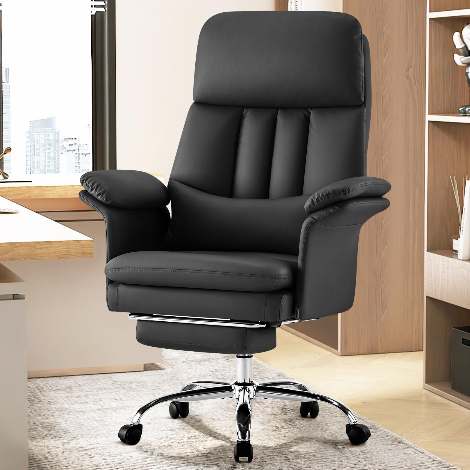 Hellove Fauteuil de Bureau avec Soutien Lombaire Précis, Chaise Ergonomique en Cuir PU avec Repose-Pieds (200kg), Dossier Haut Inclinaison 135°, Fauteuil Direction Pivotant pour Home Office, Noir