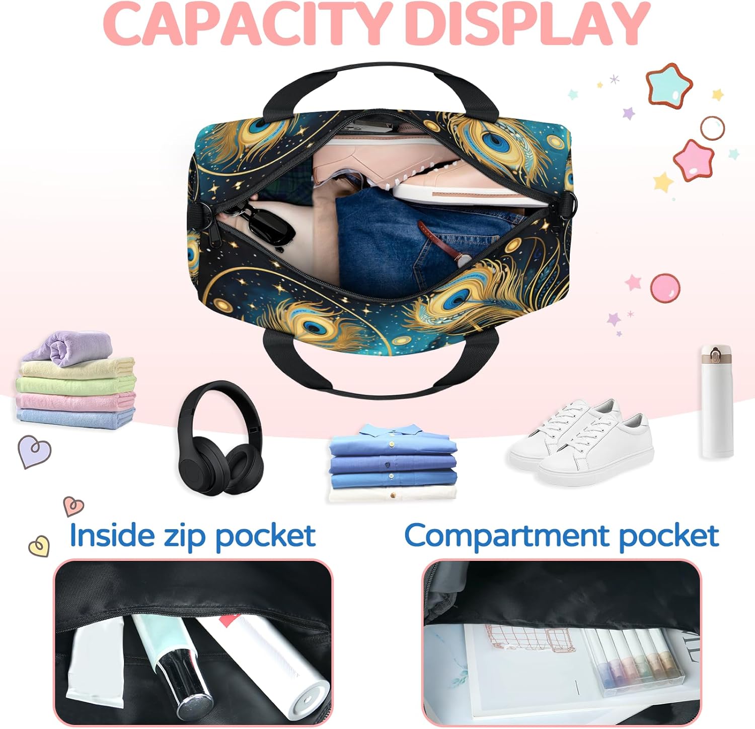 Sports Duffel Bag Animals Peacock Feather Foldable Travel Tote Bag Weekender Overnight Carry On Bags, Peacock Feather Eye Waterproof Gym Tote Bags