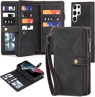 TwoHead for Samsung Galaxy S22 Ultra Wallet Case with Card Holder & Detachable Magnetic Phone Case, PU Leather Shockproof Protective Case Wallet for Women/Men,Phone Case Wallet with Wrist Strap(Black)