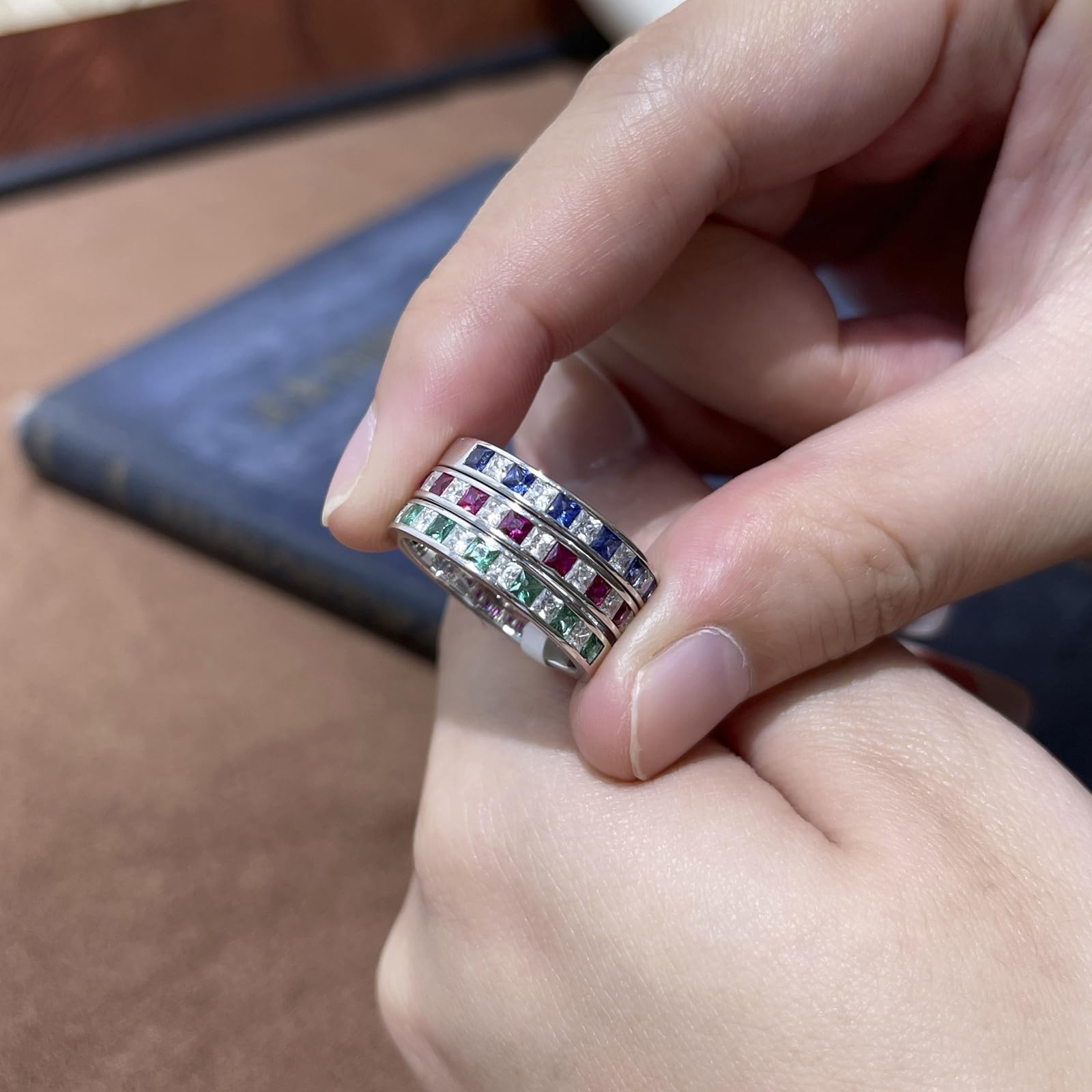 Anillo de boda de oro blanco, media eternidad, piedras preciosas, anillos de boda de oro real para mujer