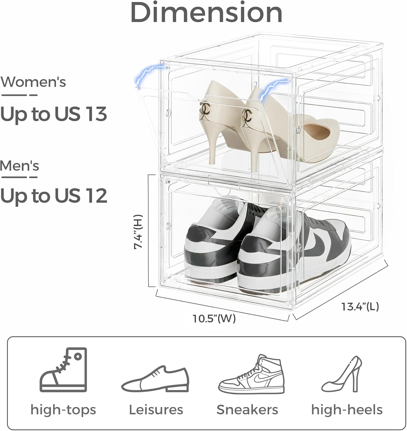 pinkpum upgraded hard shoe storage box 12 pack x-large fit size 12, thicken & sturdy clear plastic stackable shoe organizer box closet, sneaker storage display case holder bins with magnetic door 12 pack clear