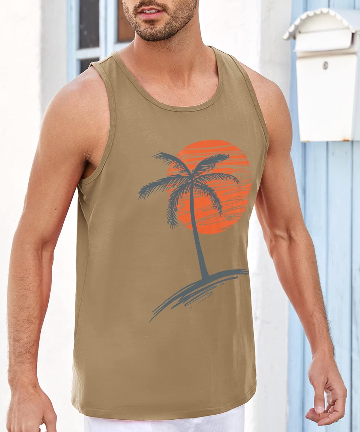 Runcati Mens Workout Tank Tops Gym Sleeveless Shirts Palm Tree Vintage Style T-Shirt - Image 4