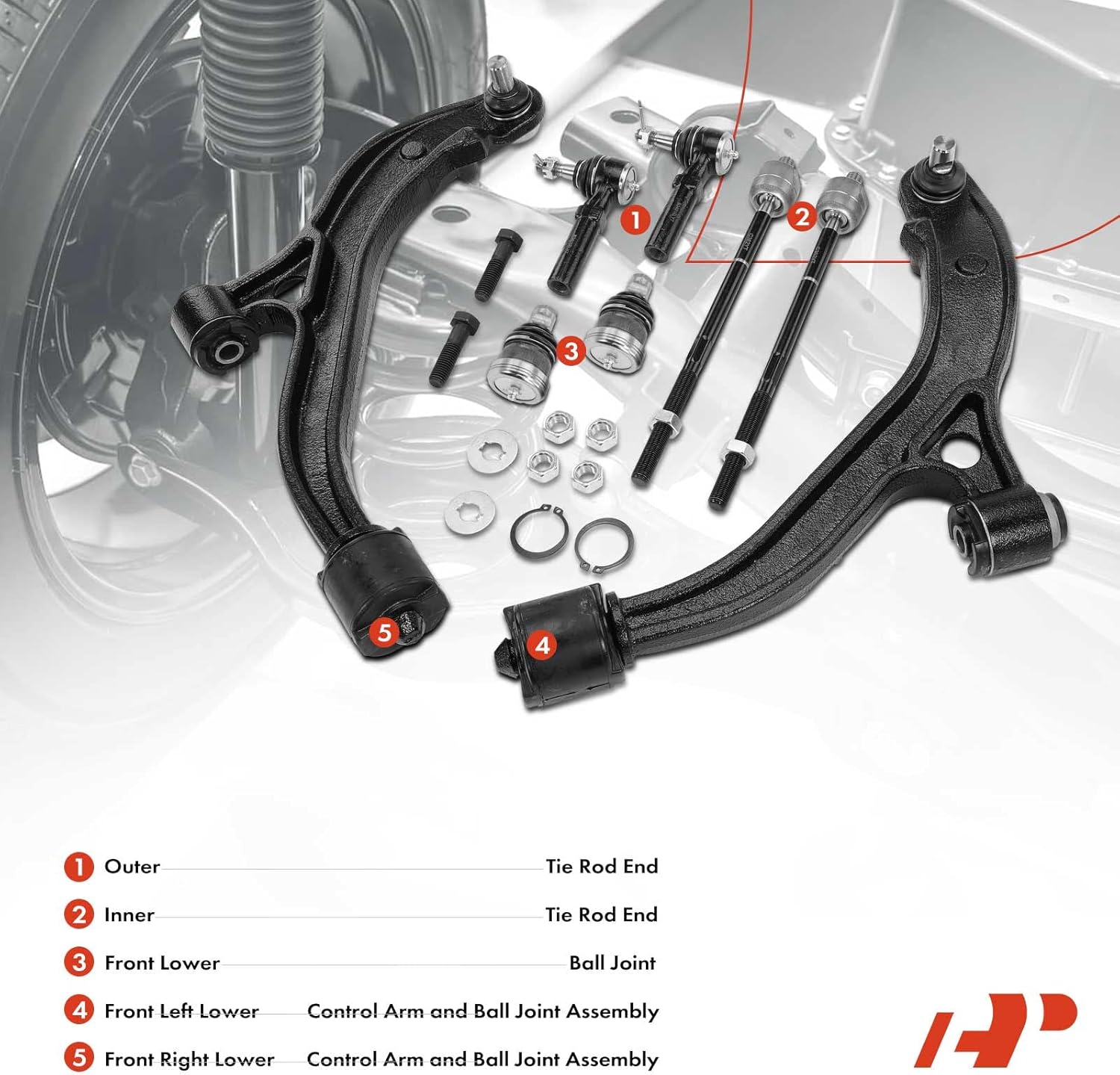 A-Premium Set of 8, Front Lower Control Arm, Lower Ball Joint, Inner & Outer Tie Rod End, Compatible with 1996-2000 Chrysler Dodge Plymouth - Town & Country, Grand Caravan, Caravan, Grand Voyager