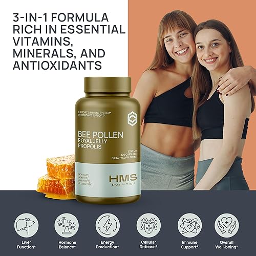 Miniatura 5 de Suplemento dietético diario de polen de abeja premium, incluye propóleo y jalea real, 3250 mg sin OMG, 120 cápsulas vegetarianas, suministro para 30