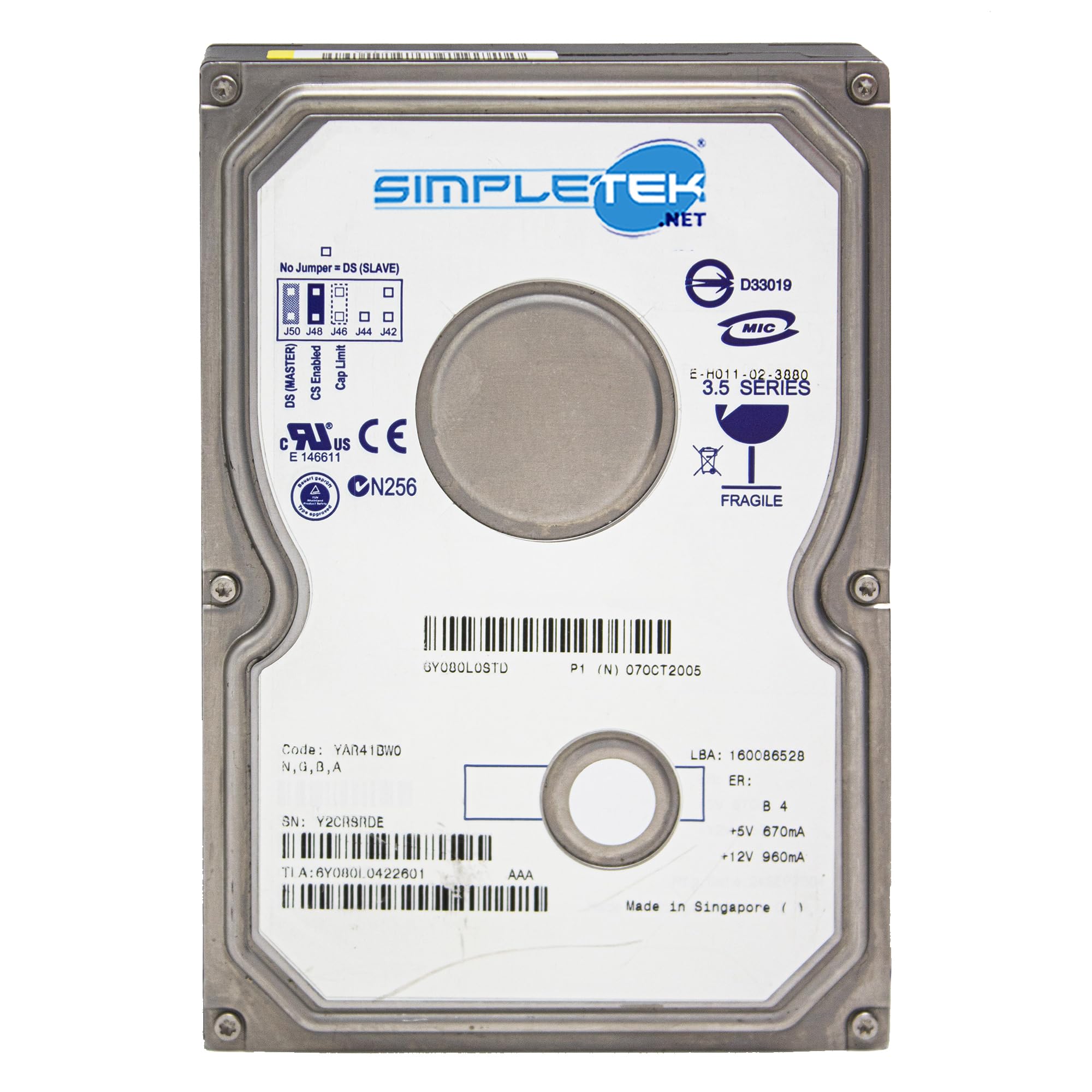 SIMPLETEK - Hard Disk HDD 80GB IDE PATA EIDE 3,5" compatibile con Windows 2000 XP (Ricondizionato)