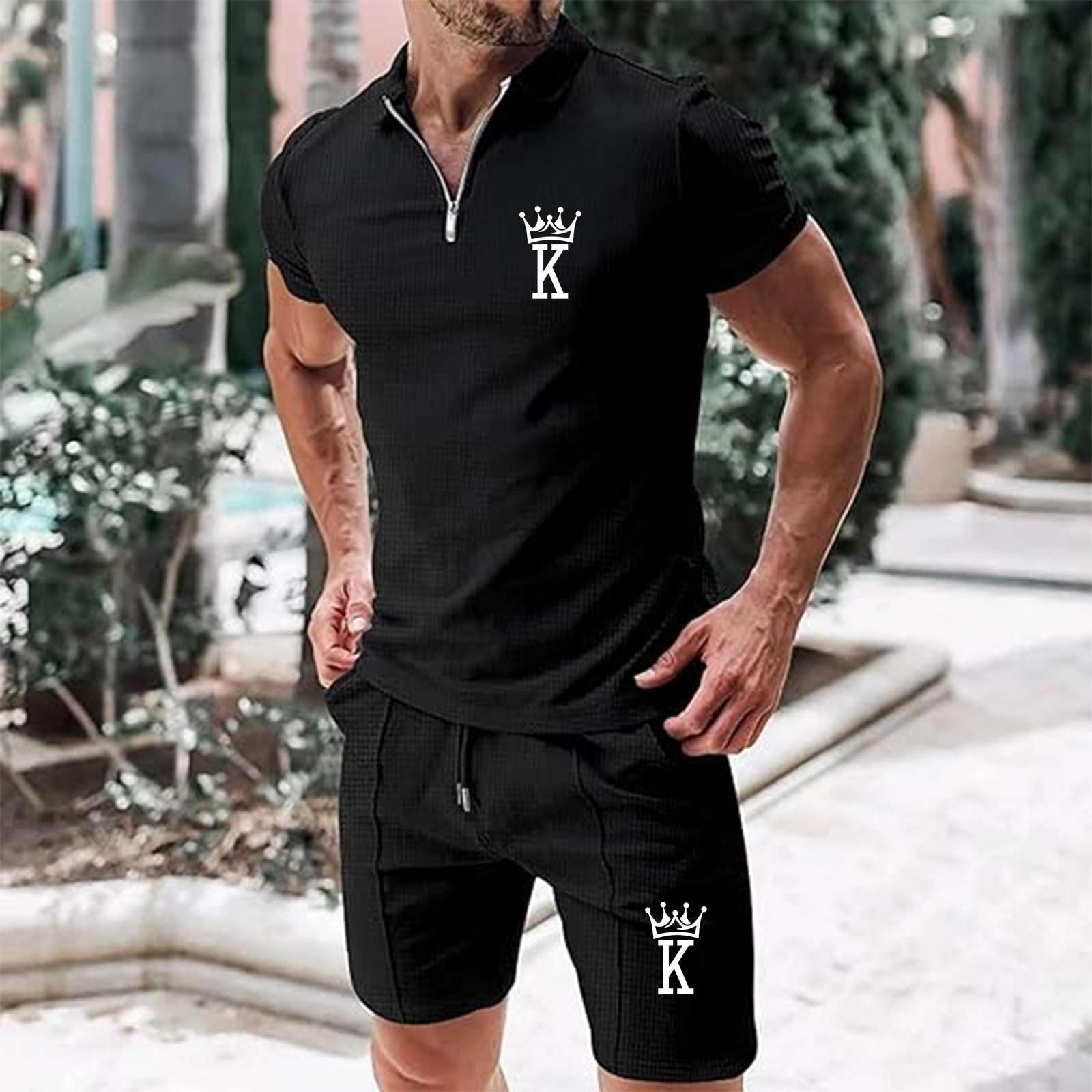 Generico Tuta Uomo Estiva Completo 2 Pezzi Polo a Manica Corta con Zip e Pantaloncini Casual Set Sportivo Texture a Nido d'Ape Abbigliamento Mare e Tempo Libero Traspirante