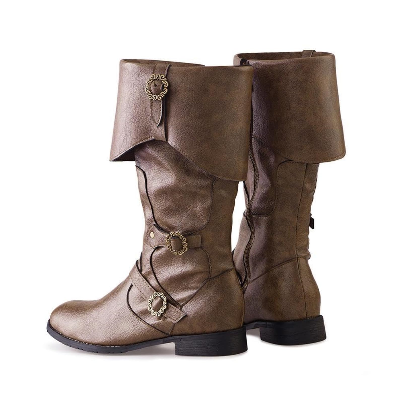 Generisch Cosplay Stiefel Flach Damen Kunstleder Mittelalter Stiefel Wikinger Piraten Kostüm Lederstiefel Renaissance Faire Cosplay Schuhe Pull On Boots Mid Calf Gothic Boots Einfarbige Blockabsatz