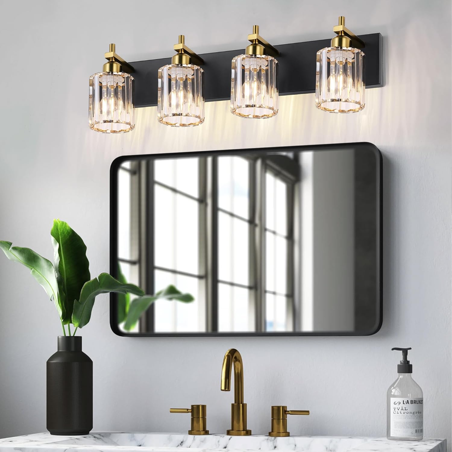 She's home 4 Light Crystal Vanity Lights for Bathroom - Black and Gold Modern Bathroom Vanity Lights Over Mirror 28 Inch, Bathroom Wall Lighting E26 Base