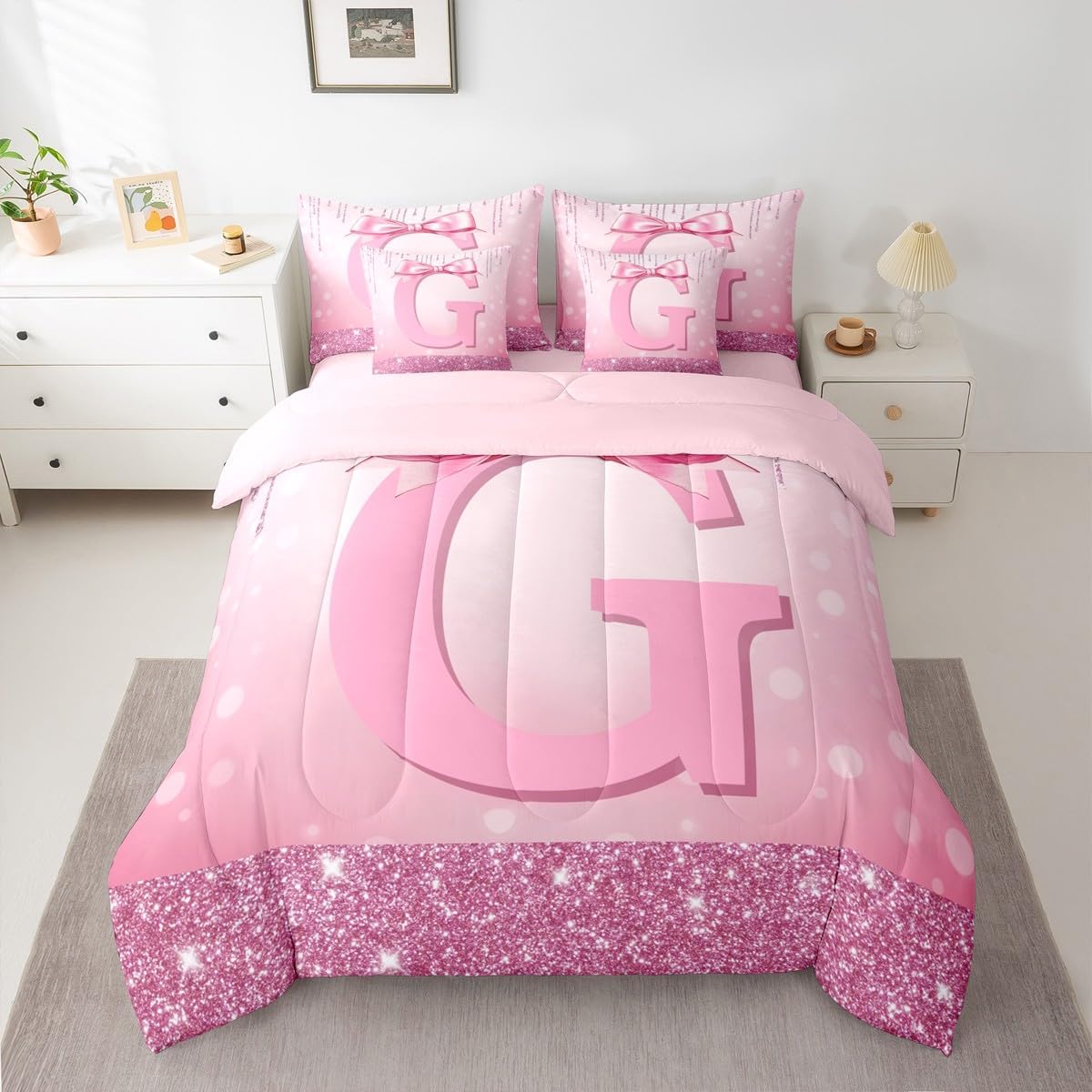Erosebridal Kids Pink Bowknot 7 Pieces Bedding Set Twin Size for Teens Girls Princess Initial G Comforter Set with Sheets Monogrammed Glitter Bow Bed in A Bag Personalized Alphabet Bed Sets Gifts
