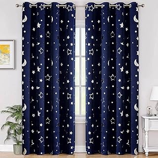 WUBODTI Blue Room Darkening Star Curtains 72 inch 2 Panels for Kids Bedroom Nursery, Navy Blackout Boys Room Window Curtain Grommets Space Themed Galaxy Constellation Curtain Drapes for Living Room