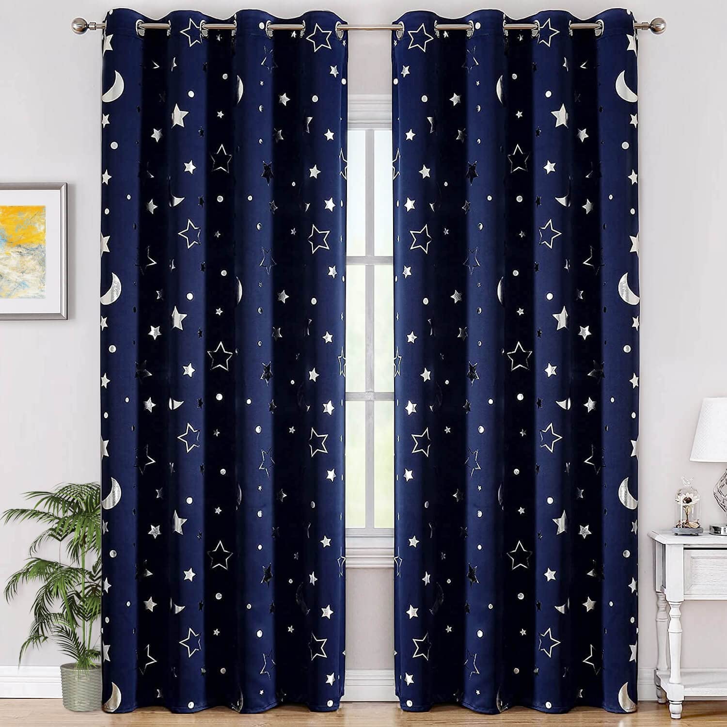 WUBODTI Navy Blue Kids 100% Blackout Curtains for Boys Bedroom 72 Inches Long 2 Panels, Cute Star Patterned Thermal Insulated Nursery Curtain Grommets