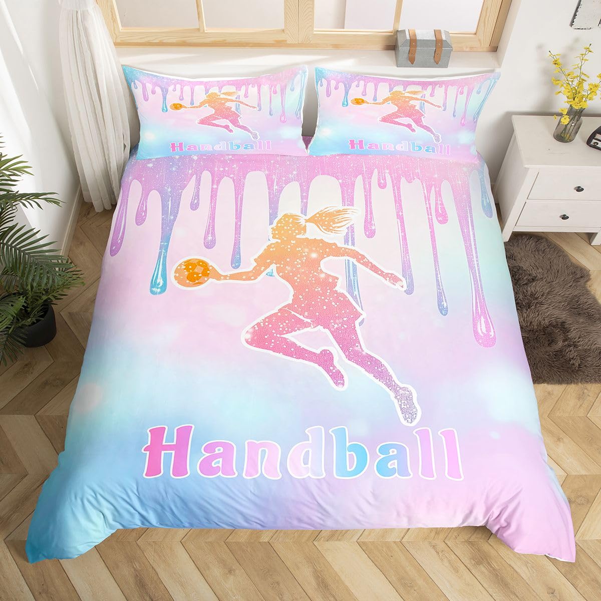 Homewish Girl Handball Player Print Bedding Set Cot - Handball Sports Themed Duvet Cover with Colorful Stars Reverse - Pastel Pink Gradient Quilt Cover Microfiber Bed Set - 1 Pillowcase