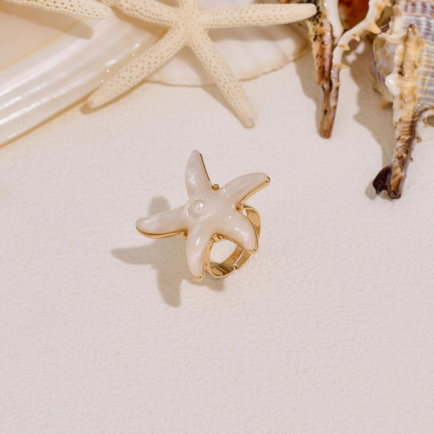 Starfish Ring for Women Chunky Pearl Acrylic Resin Sea Star Ring Adjustable Boho Ocean Starfish Shell Statement Rings Summer Beach Jewelry - Image 4