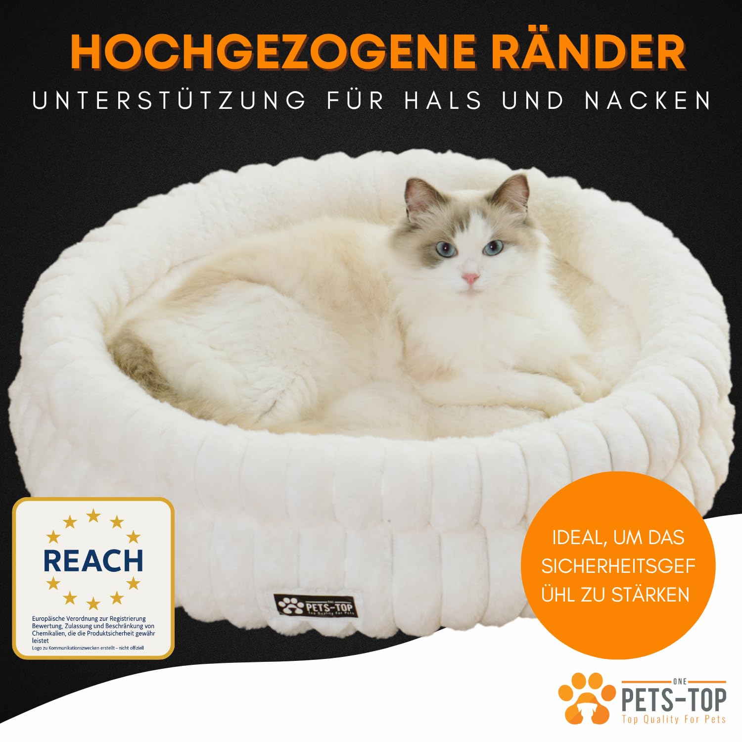 One PETS-TOP Katzenbett Flauschig – Katzenkissen Rund Weich – Cat Bed Waschbar – Schlafplatz für Katze & Kleine Hunde – rutschfest (Weiß, 50cm)