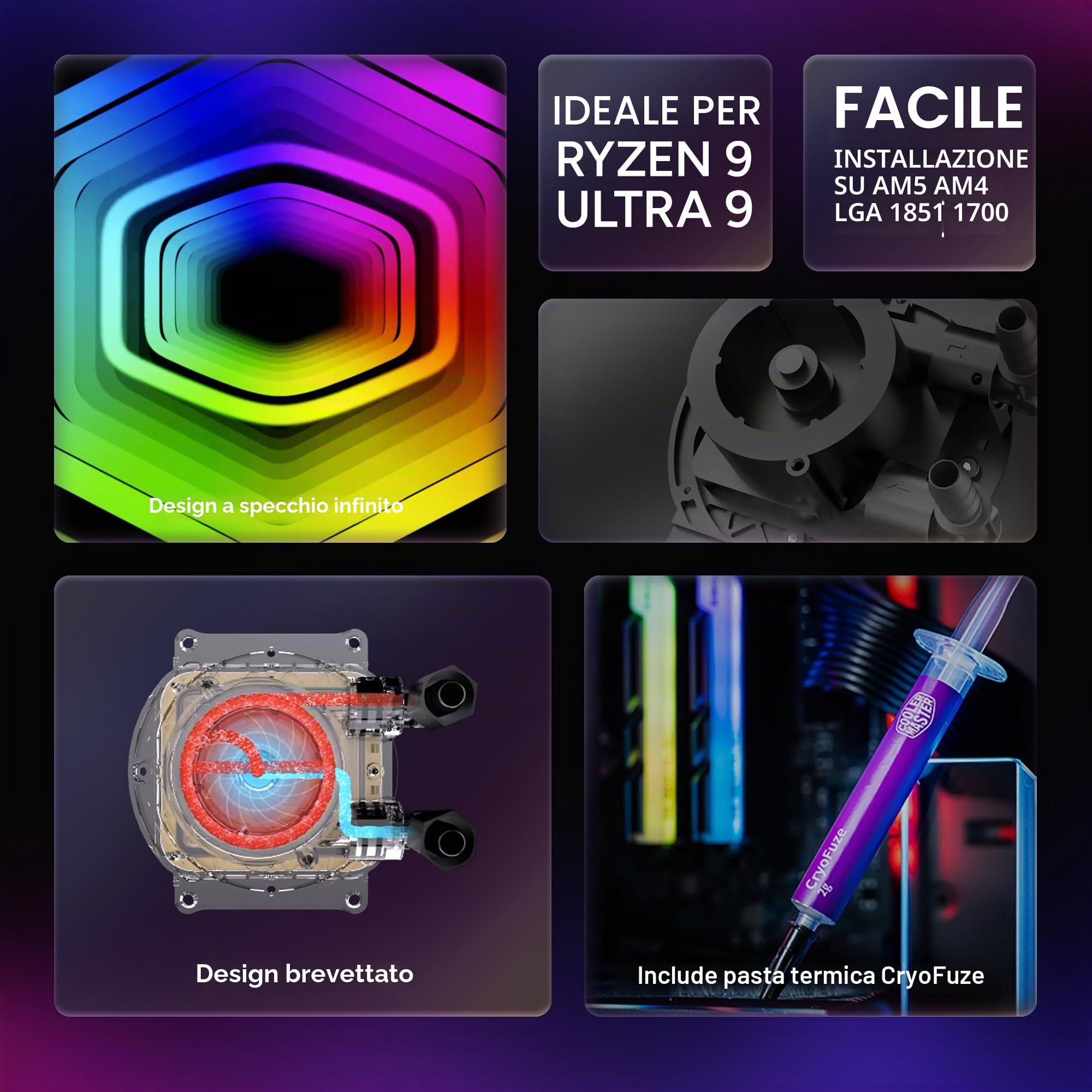 Cooler Master 360 Core II AIO CPU Liquid Cooler, R9|U9|i9, pompa G9R a doppia camera, Infinity Mirror aRGB, tubo 400 mm, radiatore 360 mm, ventola PWM 120 mm, AMD Ryzen AM5|4, piattaforma Intel LGA