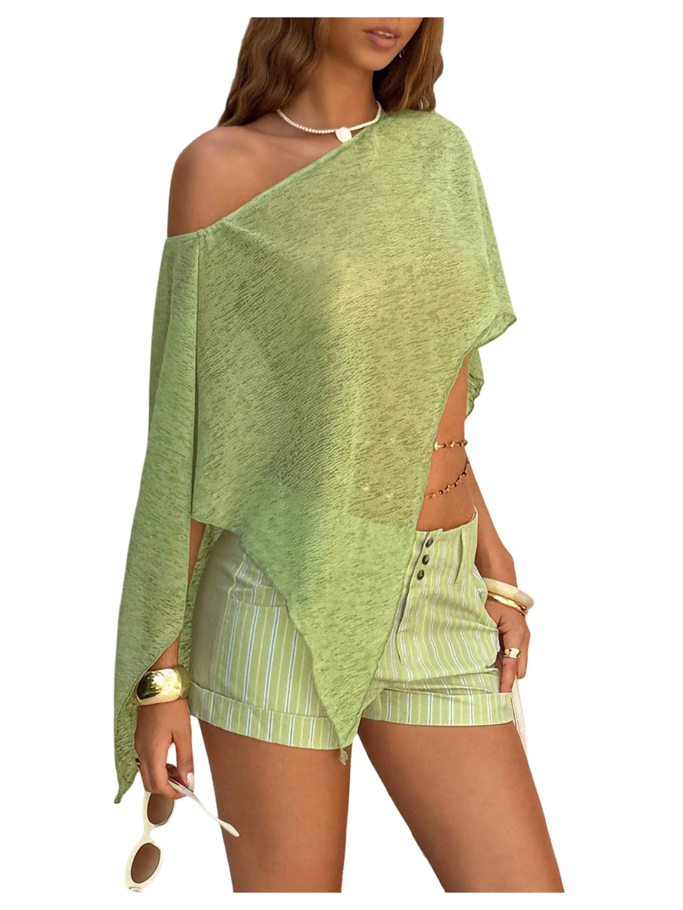verdusa Women's Off The Shoulder Sheer Asymmetrical Poncho Going Out Tops-picture-24