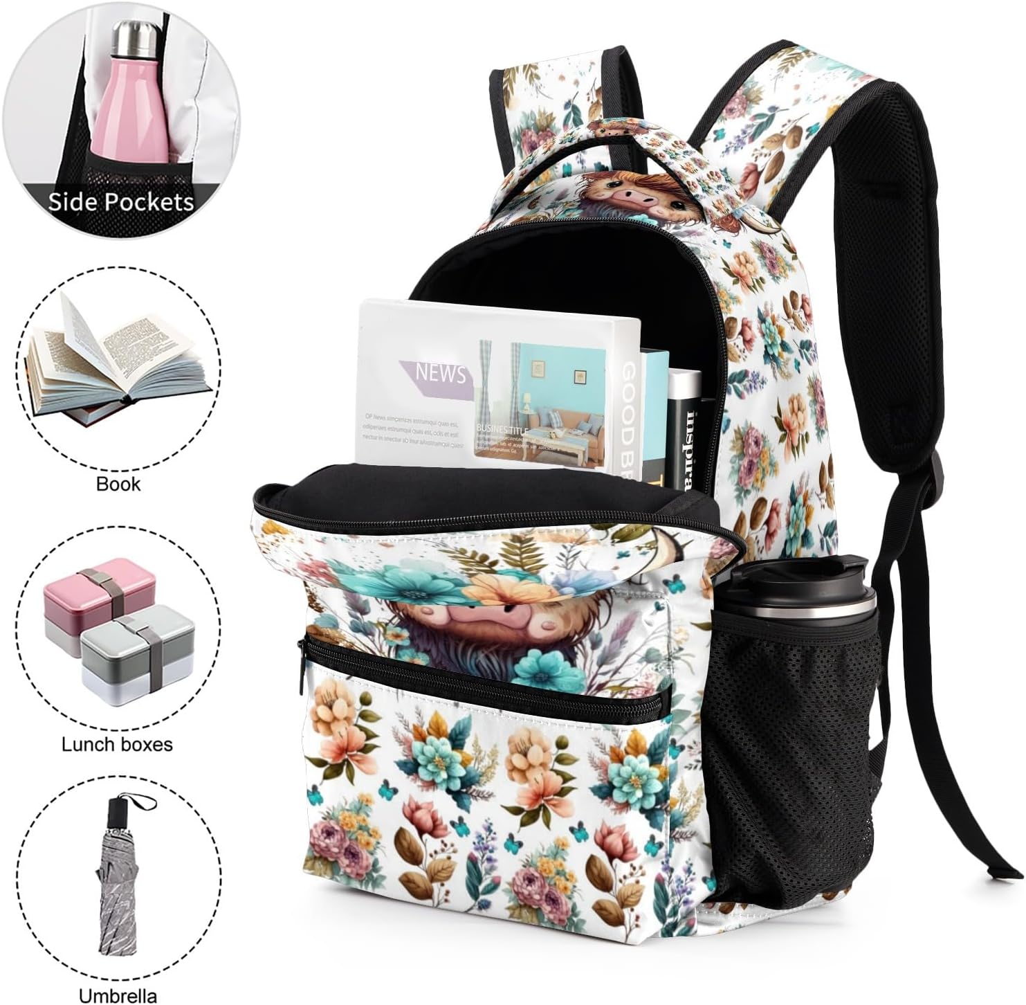 Highland Cow Backpack for Kids Girls Boys Teens, 17 Inches Cute Cows Theme All-over Print Bookbag for Elementary Middle Junior High School