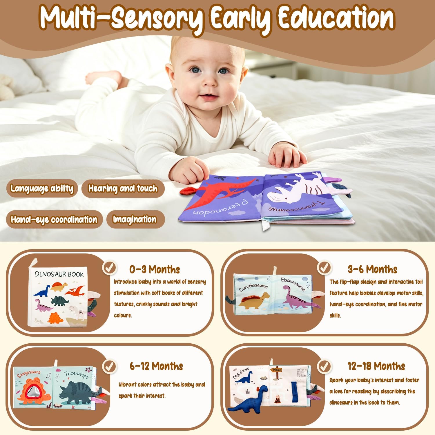 Dinosaur Baby Cloth Books Toy, Touch and Feel Crinkle Soft Book for Babies | with Dino Doll, Mirror, Tail and Crinkle, Newborn Toy for boys, 6-36 Months Baby, washable, repeated use and portable