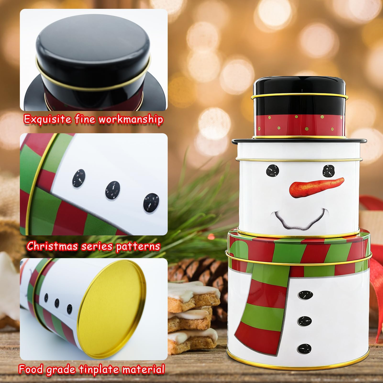 Lot De 3 Boîtes à Biscuits De Noël En Métal - Forme Bonhomme De Neige à 3 étages - Pour Bonbons, Chocolats, Cookies - Décoration Hivernale - 10