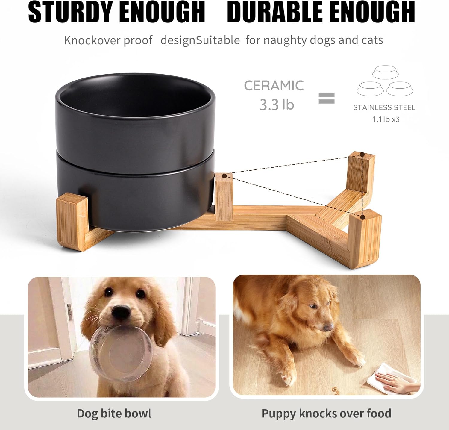 Black Ceramic Dog & Cat Bowl Set – 13.5 OZ with Wooden Stand, Non-Slip, Elevated Design for Small Dogs & Cats – 2 Bowls (Food & Water, Ceramic Pet Bowls, Modern Dog Bowls) - Image 3