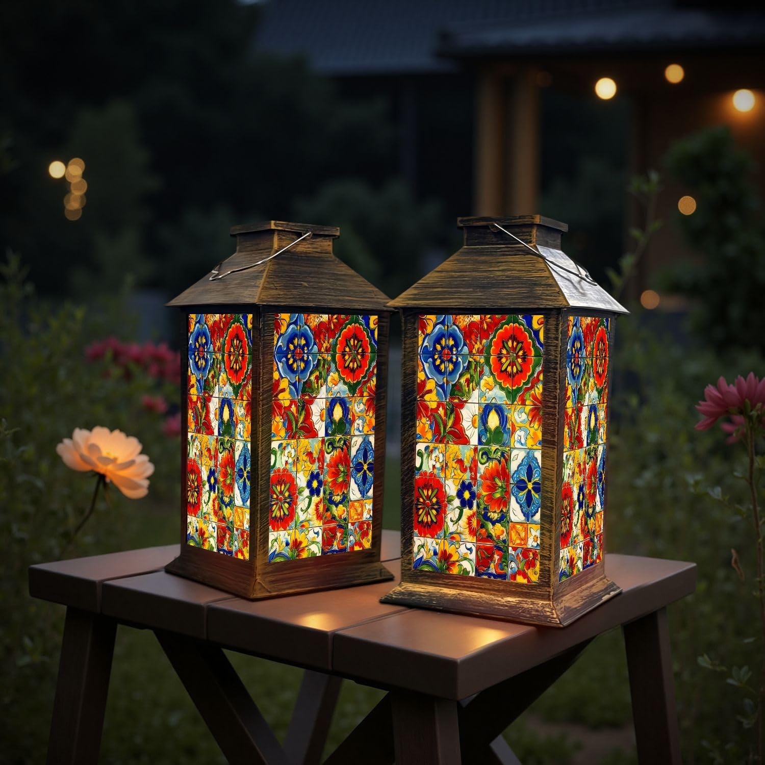 Solar Lights Outdoor Mexican Talavera Ceramic Tile Seamless Ethnic Folk Ornament Italian Garden Hanging Solar Powered Lantern Waterproof Camping Tents Lantern for Patio Deck 1 Pack