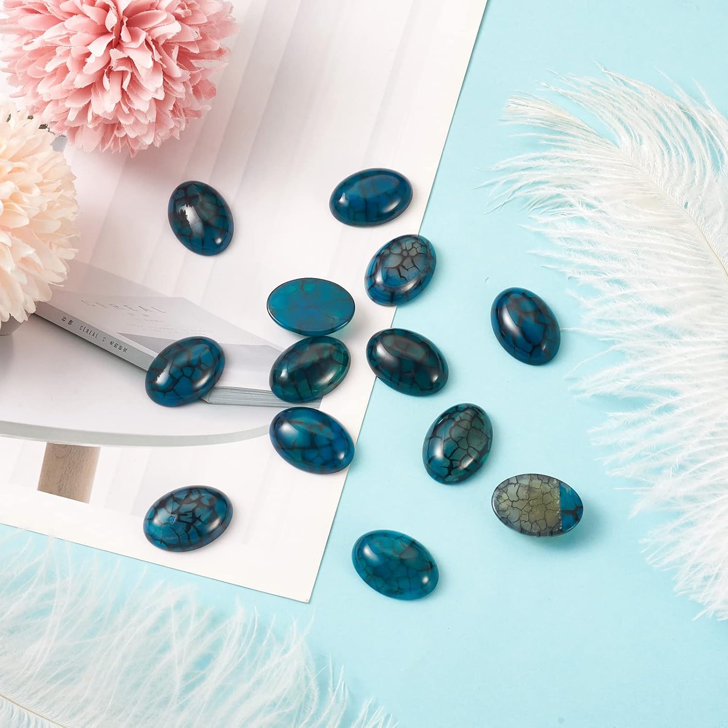Fashewelry 20Pcs Natural Oval Dragon Veins Agate Flat back Gemstone Crystal Cabochons 25x18mm Healing Chakra Crystal Stone Bead Cab Covers No Hole for Jewelry Craft Making Marine Blue - Image 6