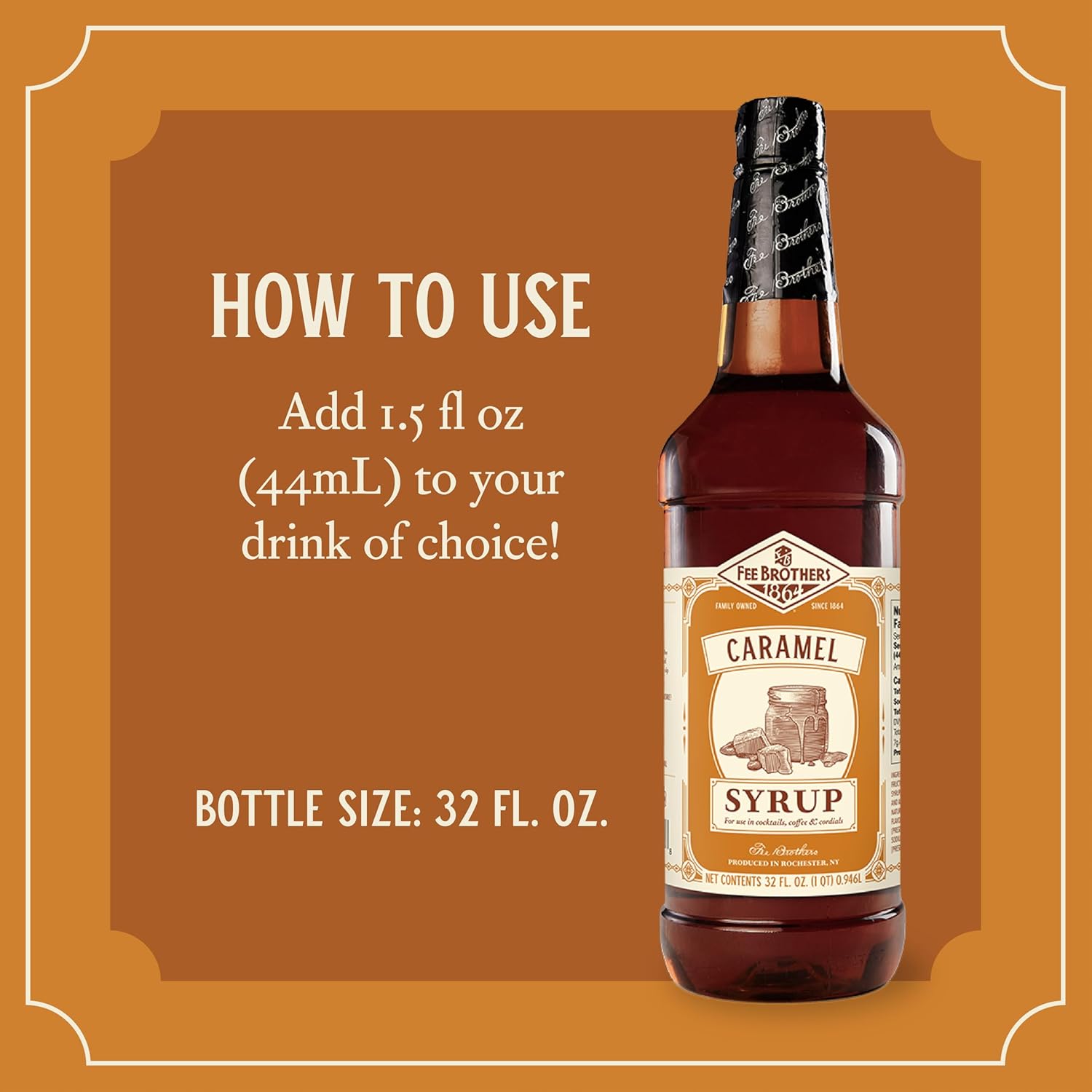 Fee Brothers Flavored Syrup – Premium Cocktail, Coffee & Soda Drink Mixer for Home Bar and Beverage Recipes, Caramel, 32 Fl Oz (1 Quart)
