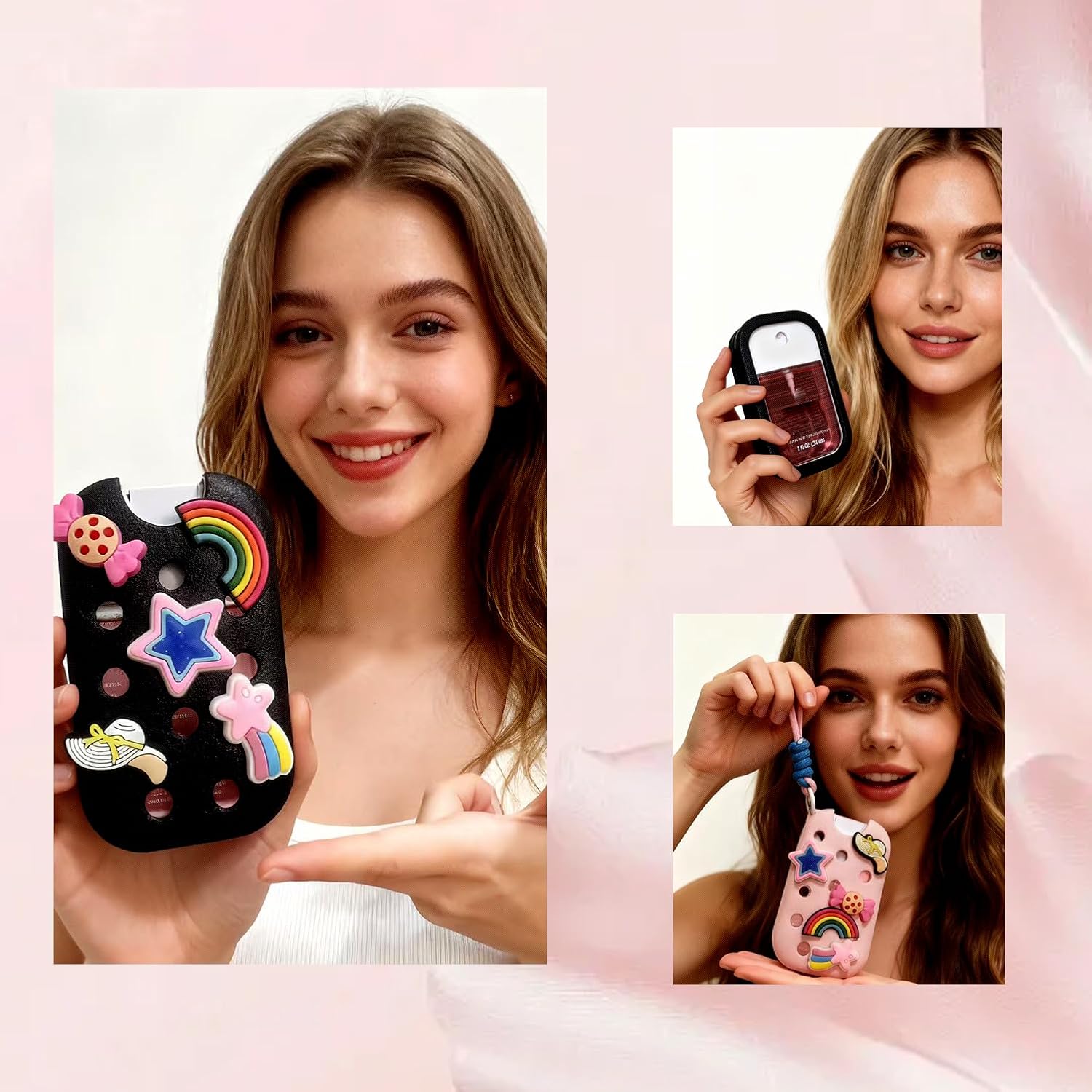 1 Pack EVA Case Compatible for Touchland Hand Sanitizer Spray (Fit for 1 FL OZ/30 mL Ver), Portable Keychain & 10 Decorative Charms. (Black) - Image 3