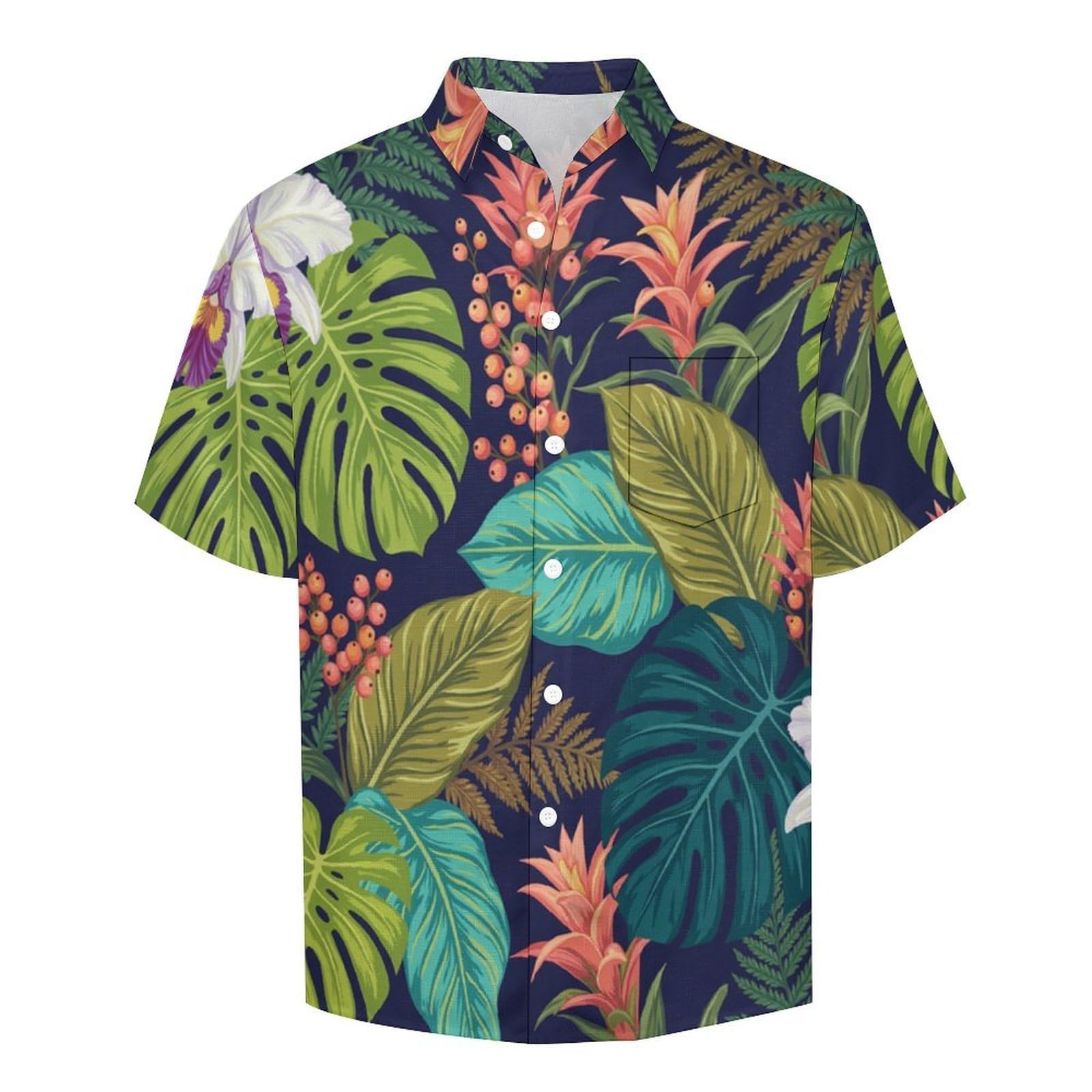 Funky Camicia Hawaiana Uomo, Manica Corta Design Aloha Camicie con Bottoni, Estiva Camicie a Orchidea Monstera Deliciosa Casual Stampa Spiaggia Estate Pianta Tropicale Camicia
