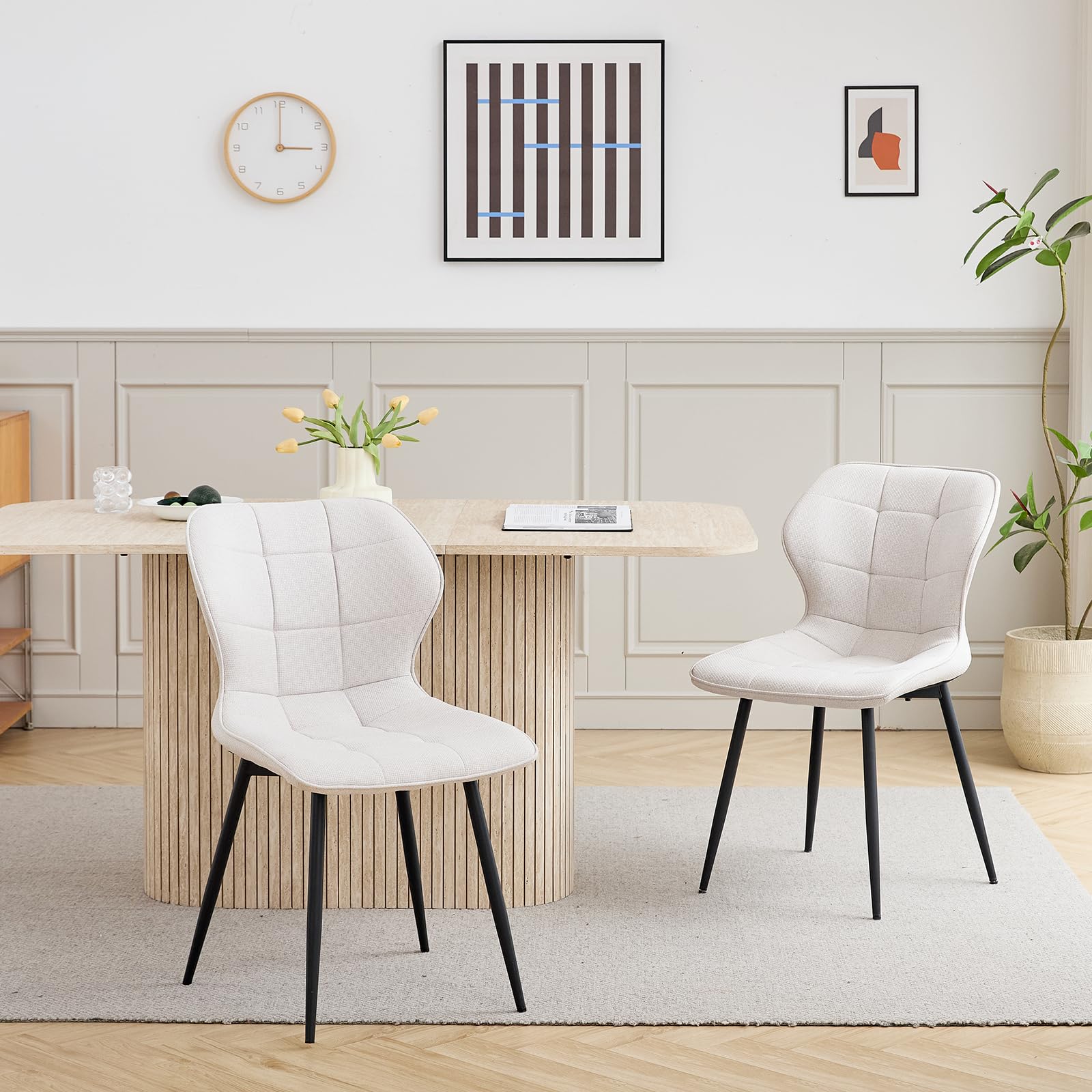 GrandCA HOME Juego de 4 Sillas de Comedor Tapizadas de Lino con Respaldo y Patas de Metal Negro, Silla de Sala de Estar para Cocina, Comedor, Dormitorio - Beige