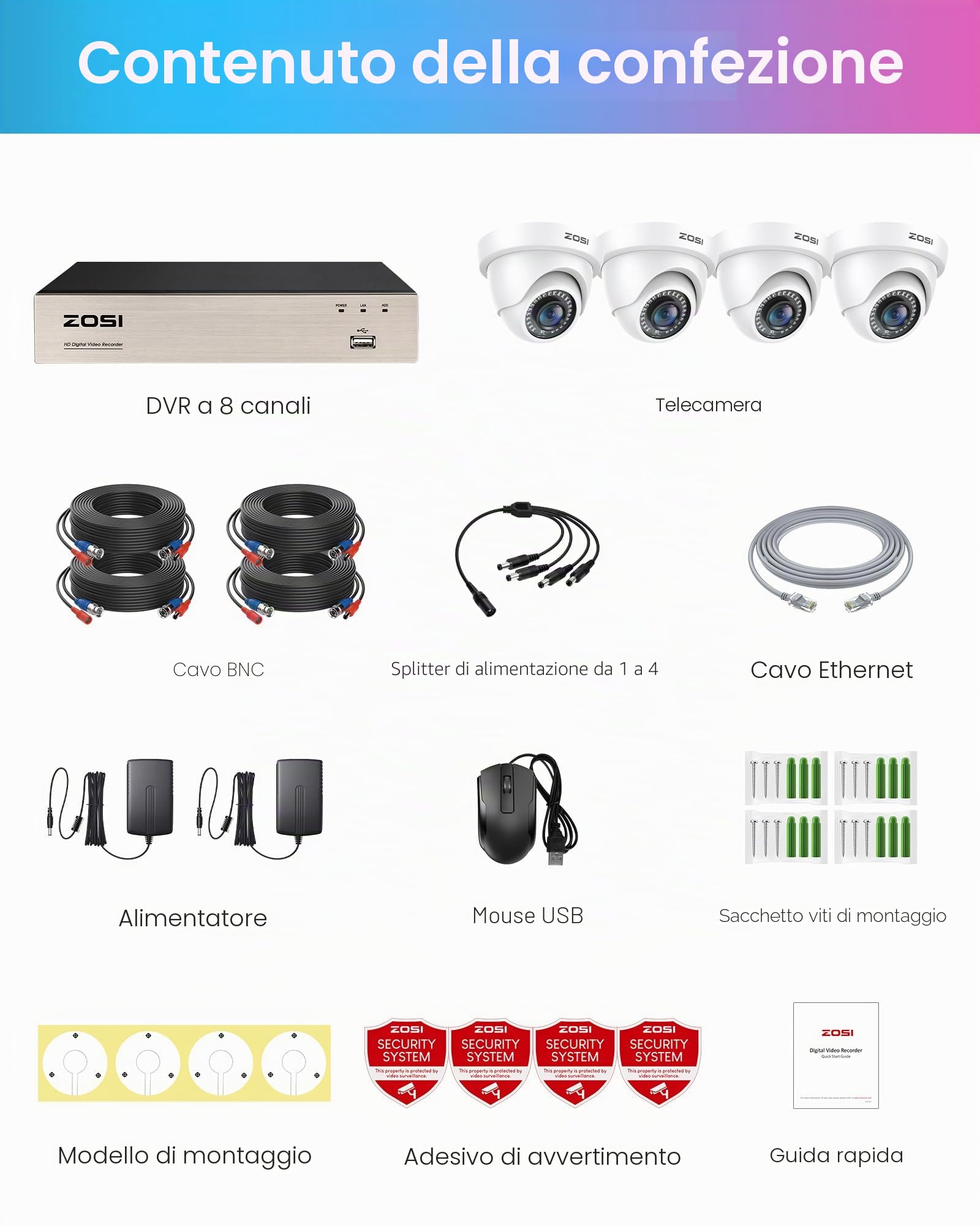 ZOSI 1080P Kit di telecamere sorveglianza esterna 8CH H.265+ registratore DVR con (4) telecamera di sicurezza impermeabile, senza disco rigido, 20 m visione notturna, P2P