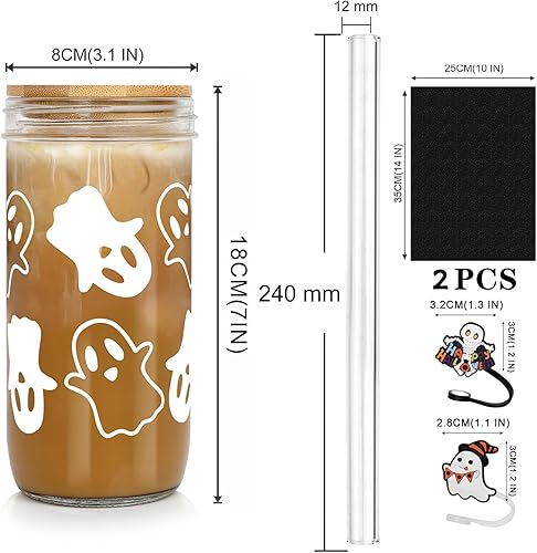 Miniatura 2 de ANOTION Tazas de Halloween, decoración de fantasmas, taza de 24 onzas, tarro de vidrio con tapas y pajitas, tazas de café, tarro de galletas,